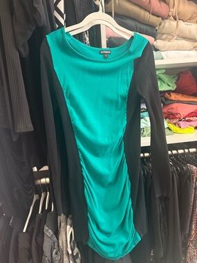 Express Teal and Black Long-Sleeve Bodycon Dress